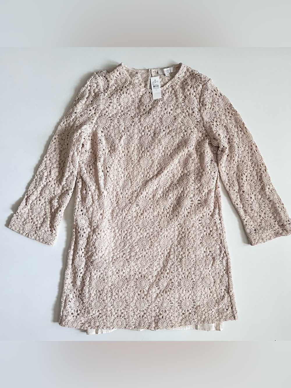 Loft Cream Crochet Shift Dress Long Sleeve Size XL